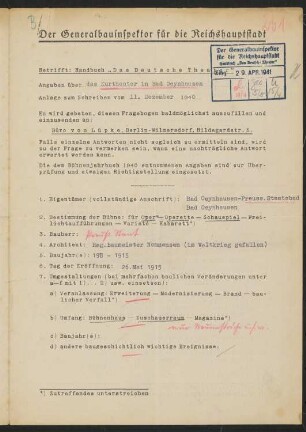 Kurtheater, Bad Oeynhausen: Fragebogen für das Handbuch »Das Deutsche Theater«, erste Fassung, vierseitiges Dokument