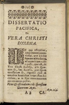 Dissertatio Pacifica, De Vera Christi Ecclesia.