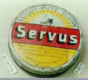 Blechdose für "SCHUH-PUTZ-GLANZ Servus Macht das Leder spiegelblank, wasserdicht, geschmeidig und doppelt haltbar."