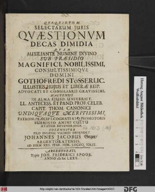Selectarum Iuris Quaestionum Decas Dimidia