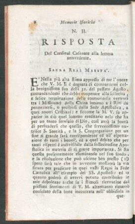 N. II. Risposta del Cardinal Casanate alla lettera antecedente.
