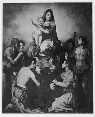 Thronende Madonna, von sechs Heiligen verehrt