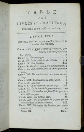 Table des Livres et Chapitres, Contenus en ce troisieme volume.