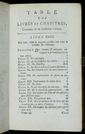 Table des Livres et Chapitres, Contenus en ce troisieme volume.