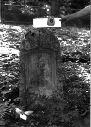 Grabstein 6 (Index: 100105636) Material: Muschelkalk Zustand: Schriftplatte fehlt Maße HxBxT: 106x52x31 cm Beschreibung: Stele, rustica, Spitzbogenabschluß, Schriftfeld mit Segmentbogenabschluß: Grabstein 6