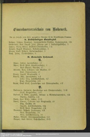 Einwohnerverzeichnis Hoheneck : Einwohnerverzeichnis von Hoheneck