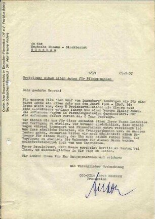 Brief von CCC an Deutsches Museum München, 29.09.1957