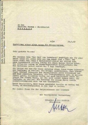 Brief von CCC an Deutsches Museum München, 29.09.1957