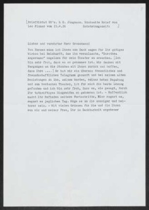 Brief von Gerhart Hauptmann an Stefan Großmann