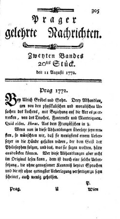 Zweyten Bandes 20tes Stück. den 11 Augusti 1772.
