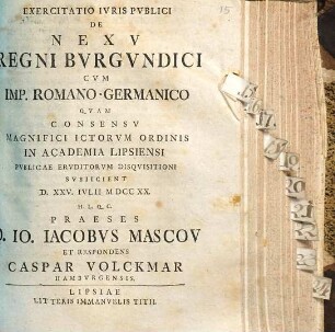 Exercitatio Ivris Pvblici De Nexv Regni Bvrgvndici Cvm Imp. Romano-Germanico