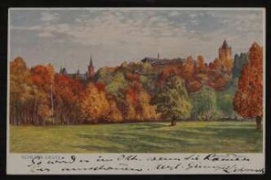 Ansichtskarte von Mechtilde Lichnowsky an Hofmannsthal mit kolorierter Ansicht von Schloss Grätz