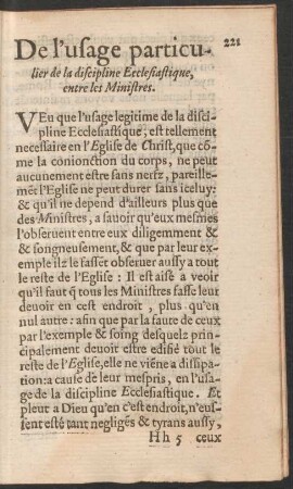 De l'usage particulier de la discipline Ecclesiastique, entre les Ministres.