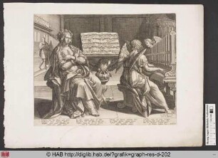 Die Heilige Caecilia, von einem orgelspielenden Engel begleitet.