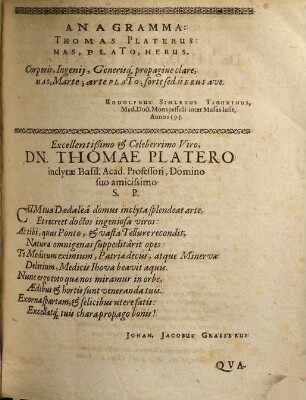 Felicis Plateri Quondam Archiatri Et Profess. Basil. Ord. Quaestionum Medicarum Paradoxarum & Endoxarum, Iuxta partes Medicinae dispositarum, Centuria Posthuma