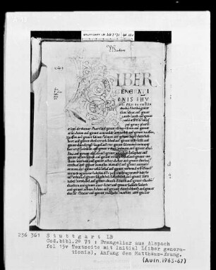 Evangeliar aus Alspach (Elsass) — Initiale L(iber generationis), Folio 15verso