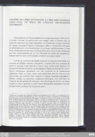 Chypre De L'Ère Ottomane À L'Ère Britannique (1839-1914). Le Rôle De L'Église Orthodoxe Chypriote