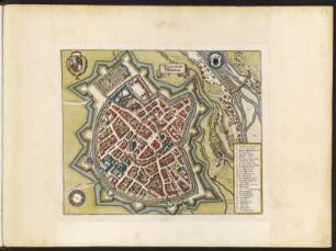 Vogelschauplan von München, 1:6 000, kolorierter Kupferstich, 1642 : Monachium. München / [Francofurtum//Frankfurt am Main : Merian], 1642. - 1 Vogelschauplan : Radierung ; 35,5 x 29,3 cm Titelkartusche oben Mitte. - Mit 2 Wappen und 1 Kompassrose. - Mit Gebäudeverzeichnis.