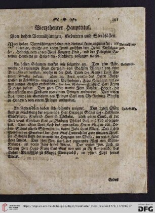 Vierzehenter Haupttitul: Von hohen Vermählungen, Geburten und Sterbfällen