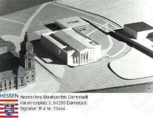 Darmstadt, Landestheater / Wiederaufbau / Modell des Konzepts für ein Konzert- und Kongresshaus mit Einbeziehung des Moller-Portikus'