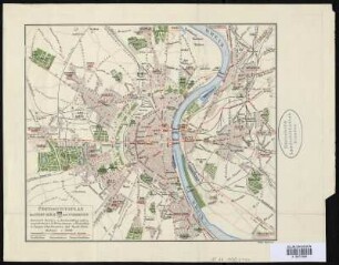 Stadtplan von Köln, 1:15 000, Farbendruck, um 1915 : Köln / Liegenschaftsamt : Übersichtsplan der Stadt Köln / Entwurf, Gravur u. Farblithographie angefertigt v. d. Vermessungs- u. Planabt. d. Liegenschaftsamtes d. Stadt Köln. - 1:15 000. - Köln , [ca. 1915]. - 2 Kt. auf Vorder- u. Rücks. : mehrfarb. ; Blattgr. 30 x 24 cm. - Enth.: Vorders.: Innere Stadt. Rücks.: mit Vororten 1:50 000