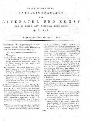 Verzeichniss der angekündigten Vorlesungen auf der Universität Wittenberg für das Sommerhalbjahr 1807.