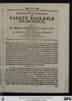 Disputatio VI. Anti-Chiliastica, De Papatu Ecclesiae Orthodoxae.