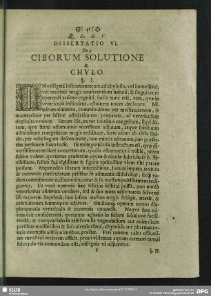 Dissertatio VI. De Ciborum Solutione & Chylo