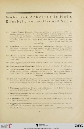 Mobiliar, Arbeiten in Holz, Elfenbein, Perlmutter und Varia (Nr. 440-509)