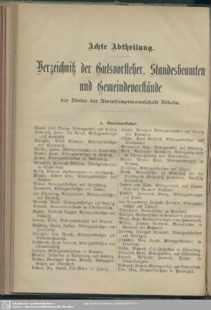 Achte. Abteilung. Verzeichnis der Gutsvorsteher, Standesbeamten und Gemeindevorstände der Dörfer der Amtshauptmannschaft Döbeln