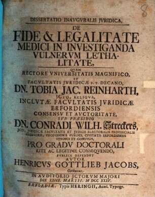 Dissertatio Inavgvralis Ivridica, De Fide Et Legalitate Medici In Investiganda Vulnervm Lethalitate