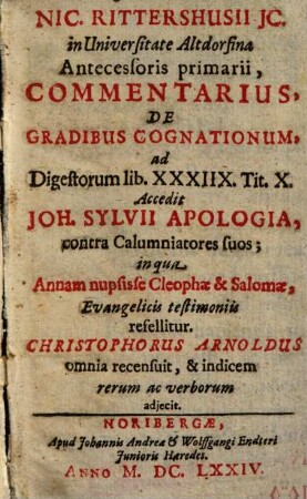 Nic. Rittershusii JC. ... Commentarius, De Gradibus Cognationum, ad Digestorum lib. XXXIIX. Tit. X.