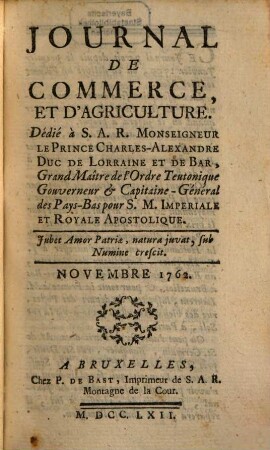 Journal de commerce et d'agriculture. 1762,[6] = T. 24. Novembre