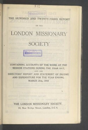 123.1917/18: Report of the London Missionary Society
