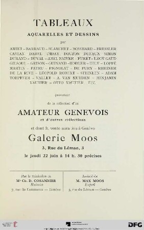 Tableaux aquarelles et dessins par Amiet, Barraud, Blanchet, ... : vente: 22 juin [1933] (Katalog Nr. 9)