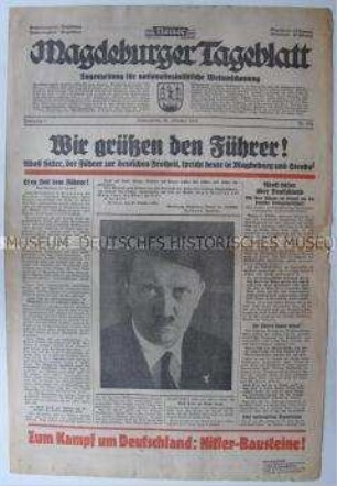 Regionale NS-Tageszeitung "Neues Magdeburger Tageblatt" zu einem Wahlauftritt Hitlers in der Stadt
