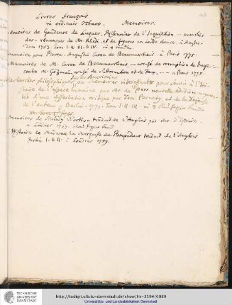 Livres français in ordinair Octavo. Memoires