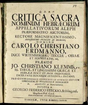 Critica Sacra Nominum Hebræorum Appellativorum Aleph Præformativo Auctorum ... : D. [] Augusti A. MDCCXXXIII.