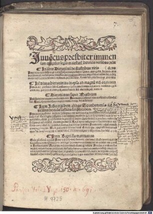 Juue[n]cus presbiter immensam eua[n]gelice legis maiestate[m] heroicis versibus c[on]cludens ...