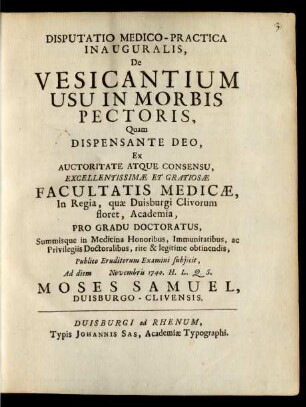 Disputatio Medico-Practica Inauguralis, De Vesicantium Usu In Morbis Pectoris
