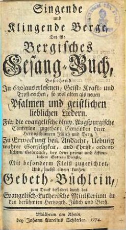 Singende und klingende Berge, das ist Bergisches Gesangbuch, [1]