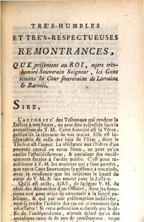 Remontrances De La Cour Souveraine De Lorraine Et Barrois Au Roi