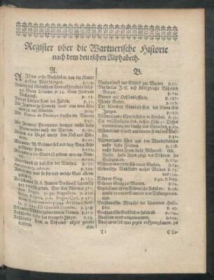 Register uber die Wartnerische Historie nach dem deutschen Alphabeth.