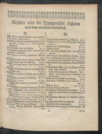 Register uber die Wartnerische Historie nach dem deutschen Alphabeth.