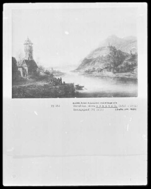Rheingegend mit hohem Turm links im Vordergrund