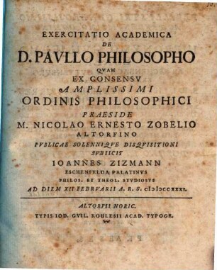 Exercitatio academica de D. Paullo philosopho