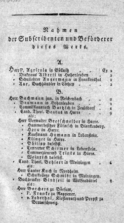 Nahmen der Subscribenten und Befoerderer dieses Werks