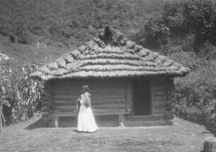 Haus in Ayutla : Frau vor einem Holzhaus