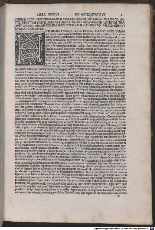 Antiquitates Judaicae : mit Vita Josephi von Hieronymus Squarzaficus und Tabula von Franciscus de Macerata