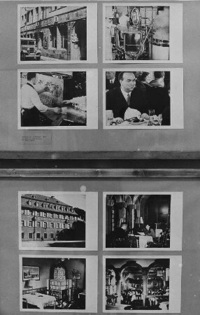 Ausstellungstafel mit Szenen aus dem Dokumentarfilm "Gaststätten in Dresden", 1930/1939. Dresden, Galerie Nord. Ausstellung "Borchert, Christian, Dresden - Bilder aus Dokumentarfilmen 1913–1949"